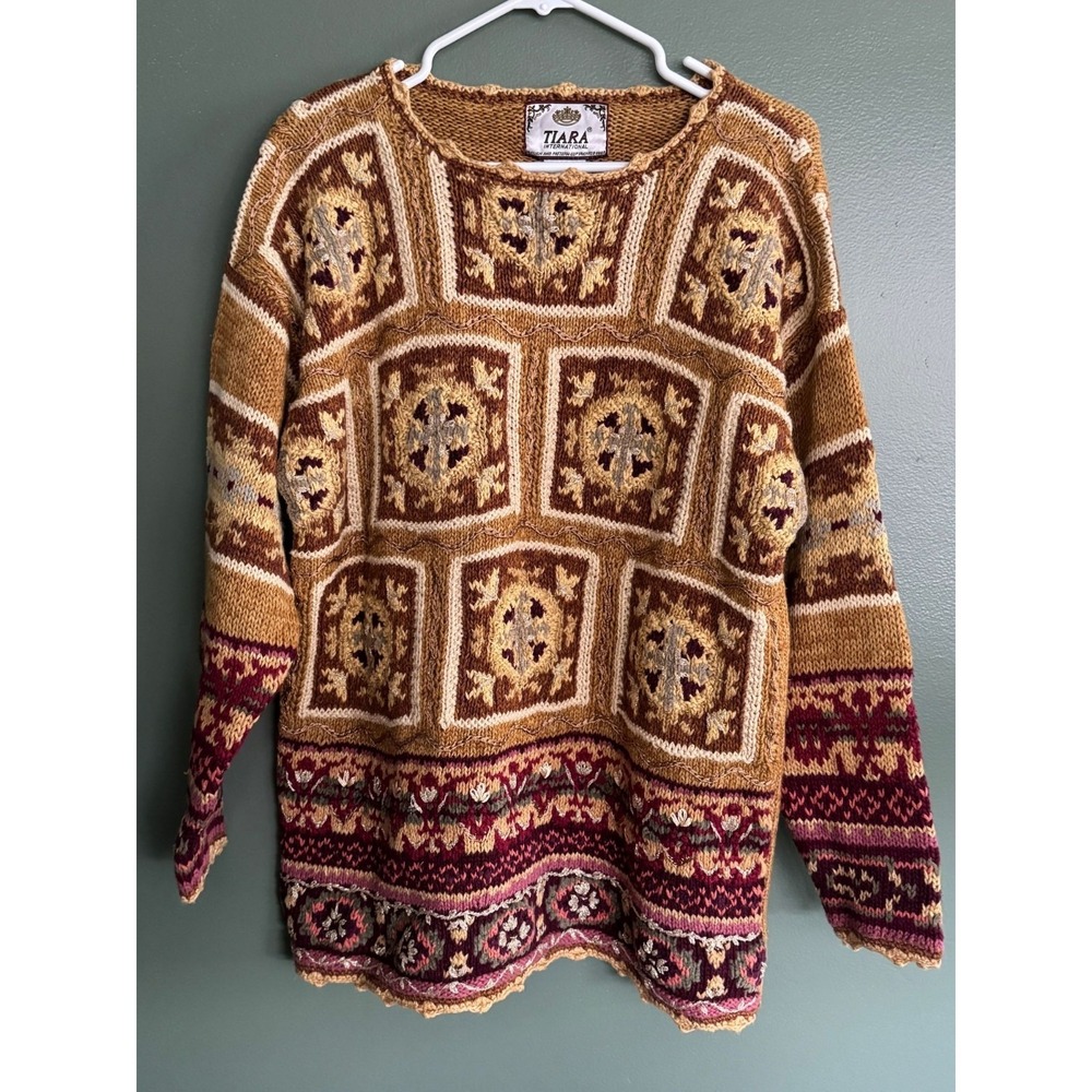 90's New Old Stock Tiara International Gold Patchwork Hand Knit Sweater Size Lar
